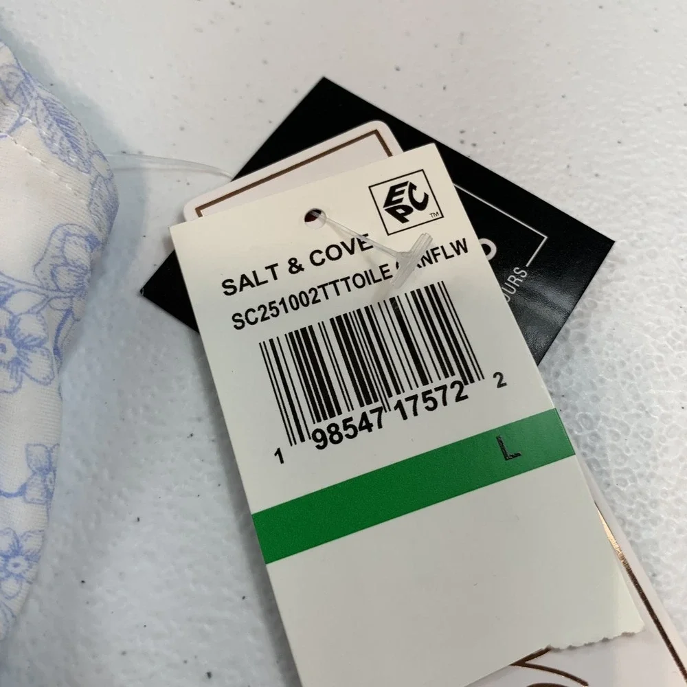 Salt & Cove Junior's Swim Bikini Top L Toile Blue Floral Smocked Bow Cornflower